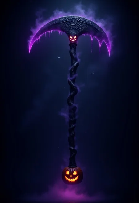 A terrifyingly cool Halloween weapon—an ancient scythe with a long, twisted black handle covered in glowing, eerie runes. The blade is sharp and jagged, forged from obsidian and pulsing with dark purple energy. At the base of the blade, a grinning jack-o'-lantern face is etched into the metal, glowing with an orange light from within. The weapon emits a faint, ghostly mist, and bats swirl around it, giving it an ominous, spooky aura. High-quality, dark, and cinematic lighting to emphasize its haunted and menacing presence