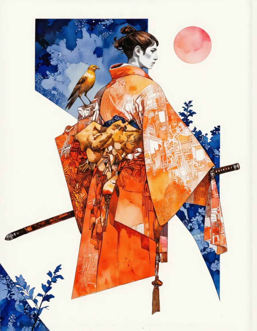 Art by Sergio Toppi. A watercolor and ink illustration shoot from a profile camera angle about a silhouette of a japanese warrior in vibrant orange kimono with geometric patterns, holding a katana, and a small bird beside him. the image also shows a minimalistic abstract background with blue and pink hues and a large pink circle in the top right corner. on the middle of the image, a 1man, who appears to be a young adult, is standing, facing away from the viewer, with a serious expression. he is wearing an orange obi with a geometric pattern and a tassel, and has a sword in his right hand. his hair is styled in a short, spiky manner, and his eyes are closed. he has a golden bird perched on his shoulder, adding a touch of realism to the image.