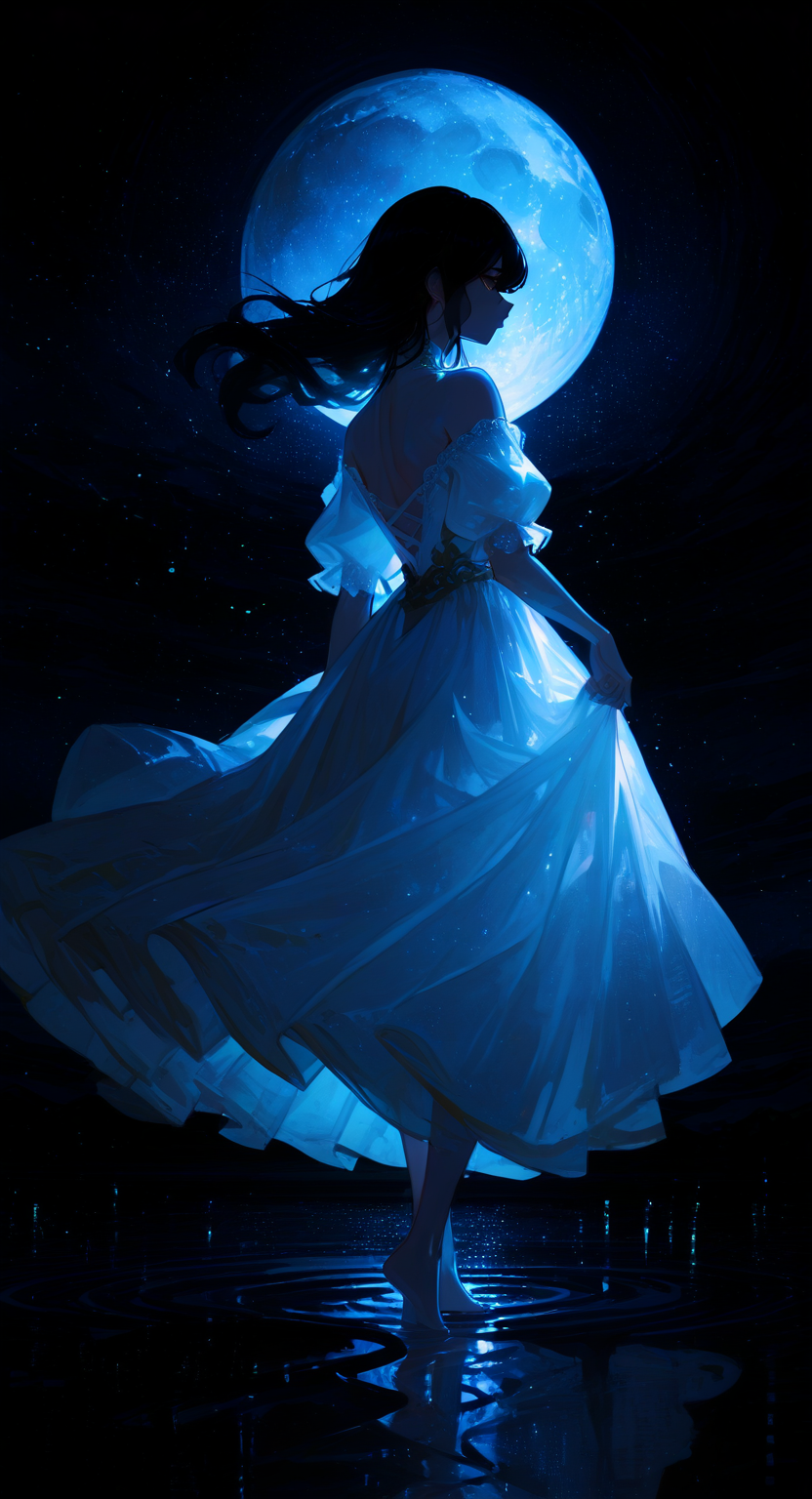 masterpiece, best quality, good quality, very aesthetic, absurdres, newest, Tranquility,Elegance, 1girl, solo, long hair, black hair, Eye reflections, Multi-layered hem dress, lace, closed mouth, bare shoulders, standing, full body, short sleeves, outdoors, sky, barefoot, puffy sleeves, white dress, see-through,off shoulder, from behind, water, puffy short sleeves, profile, floating hair, night, back, moon, star \(sky\), wind, night sky,( light particles:1.3), full moon, starry sky, reflection, walking, backless outfit, long dress, off-shoulder dress, skirt hold, bare back, backless dress, shoulder blades, ripples, moonlight, reflective water, reflective floor, standing on liquid, floating clothes, Medium moon,
looking_at_viewer, moonlight, backlighting,Soft lighting <lora:spo_sdxl_10ep_4k-data_lora_webui:0.6> <lora:ponyv5_noobV065S_1_adamW-000013:0.7> <lora:USNR_STYLE_XL_lokr:0.45> <lora:EtherSDXL:0.15> <lora:748cmSDXL:0.8> <lora:backlitILL:0.6> <lora:DarkerThanDarkIllustriousV1:0.15>