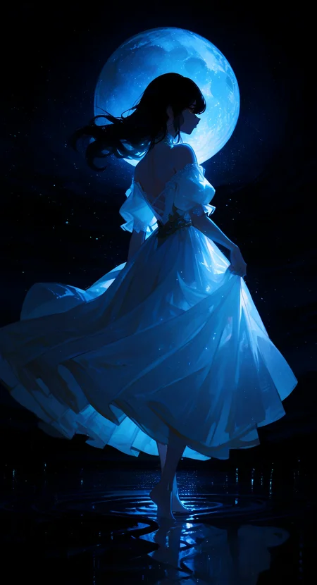 masterpiece, best quality, good quality, very aesthetic, absurdres, newest, Tranquility,Elegance, 1girl, solo, long hair, black hair, Eye reflections, Multi-layered hem dress, lace, closed mouth, bare shoulders, standing, full body, short sleeves, outdoors, sky, barefoot, puffy sleeves, white dress, see-through,off shoulder, from behind, water, puffy short sleeves, profile, floating hair, night, back, moon, star \(sky\), wind, night sky,( light particles:1.3), full moon, starry sky, reflection, walking, backless outfit, long dress, off-shoulder dress, skirt hold, bare back, backless dress, shoulder blades, ripples, moonlight, reflective water, reflective floor, standing on liquid, floating clothes, Medium moon,
looking_at_viewer, moonlight, backlighting,Soft lighting <lora:spo_sdxl_10ep_4k-data_lora_webui:0.6> <lora:ponyv5_noobV065S_1_adamW-000013:0.7> <lora:USNR_STYLE_XL_lokr:0.45> <lora:EtherSDXL:0.15> <lora:748cmSDXL:0.8> <lora:backlitILL:0.6> <lora:DarkerThanDarkIllustriousV1:0.15>