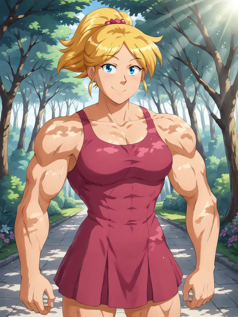 core_9, score_8_up, score_7_up, BREAK, M0sc0l4rCl0v3r, 1girl, solo, blue eyes, blonde hair, ponytail, pink dress, muscular female, outdoor, smile, looking at viewer, sunlight, shadows, natural lighting, sunlight, light particles, light rays, sunbeam, dappled sunlight <lora:Muscular_Clover-000009:1>