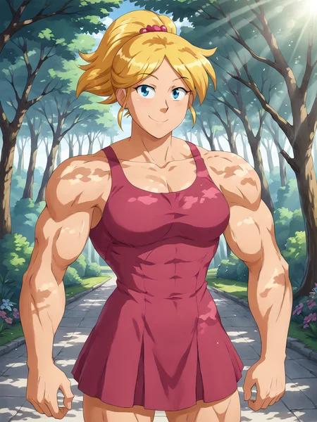 core_9, score_8_up, score_7_up, BREAK, M0sc0l4rCl0v3r, 1girl, solo, blue eyes, blonde hair, ponytail, pink dress, muscular female, outdoor, smile, looking at viewer, sunlight, shadows, natural lighting, sunlight, light particles, light rays, sunbeam, dappled sunlight <lora:Muscular_Clover-000009:1>