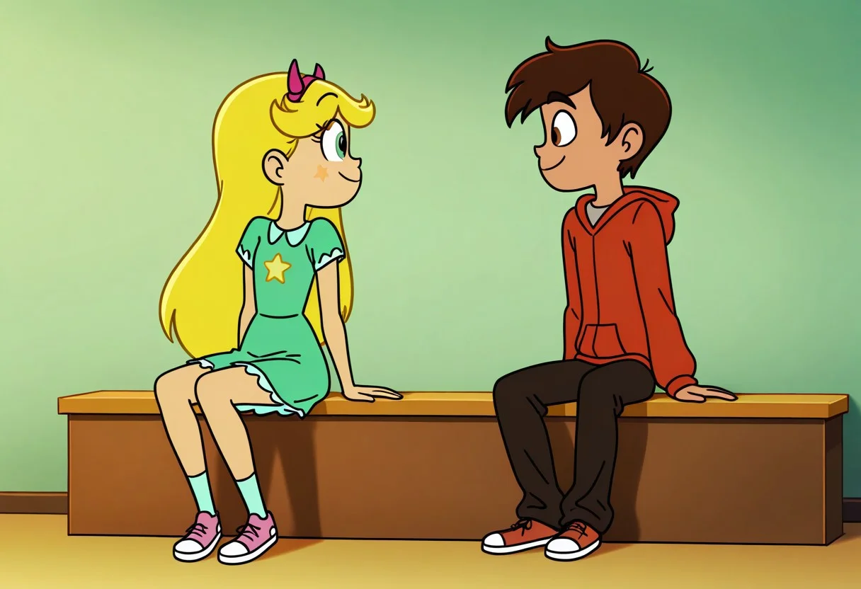 masterpiece, best quality, break. star_co, (1boy, marco_d, hoodie), break, (1girl, star_b, fake horns, dress), sitting, looking at each other, smile, fullbody,