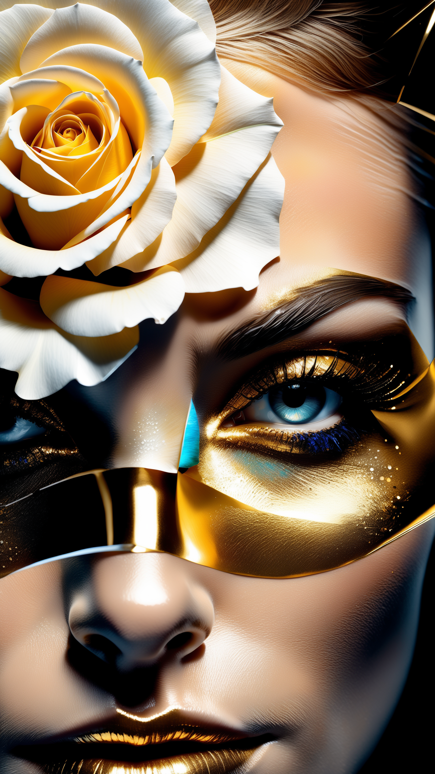 golden, ultra detailed artistic abstract photography of geometrical woman face, Beautiful white rose flower on the seashore, sunny day, white cumulus clouds, detailed symmetric circular iris, shattered paper fragments, natural body posture, art by alberto seveso, by guy denning, by johannes itten, by russ mills, by gustav klimt, Symmetrical, abstract art style, photorealistic, intricate complex watercolor painting, sharp eyes, Digital painting, color explosion, radiance, colorful, Concept art, volumetric lighting, metallic reflections, 8k, by artgerm, Trending on Artstation, 16k resolution, 300 dpi, 600 dpi, 4k, Contest winner, High definition, golden eyes, detailed, realistic, 8k uhd, high quality
