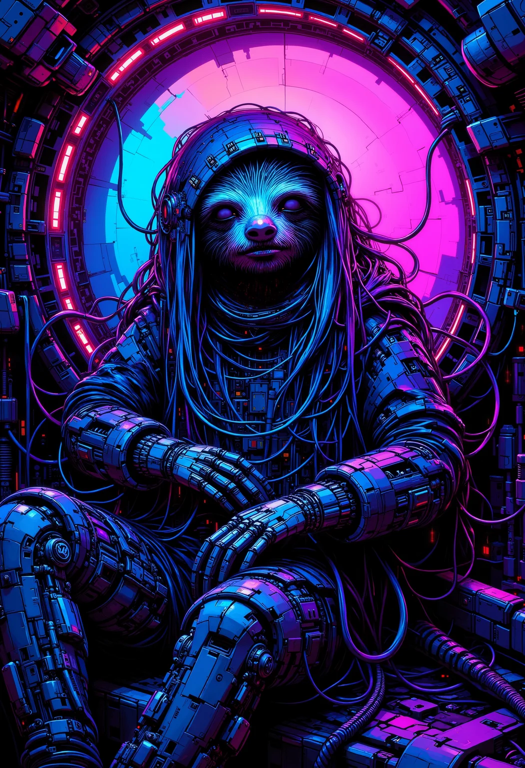 A fantastic art splash in the style bo-cyborgsplash, Cyborg sloth in cryo chamber, sleeping, cables attached to body and chamber, vibrant colors, glitch effects, color explosion, futuristic sci-fi, neon lighting, cyberpunk aesthetics, high-tech environment, surreal, digital painting, intricate details, glowing circuits, abstract background.<lora:boFLUX Cyborgsplash.safetensors:1.0:1.0>