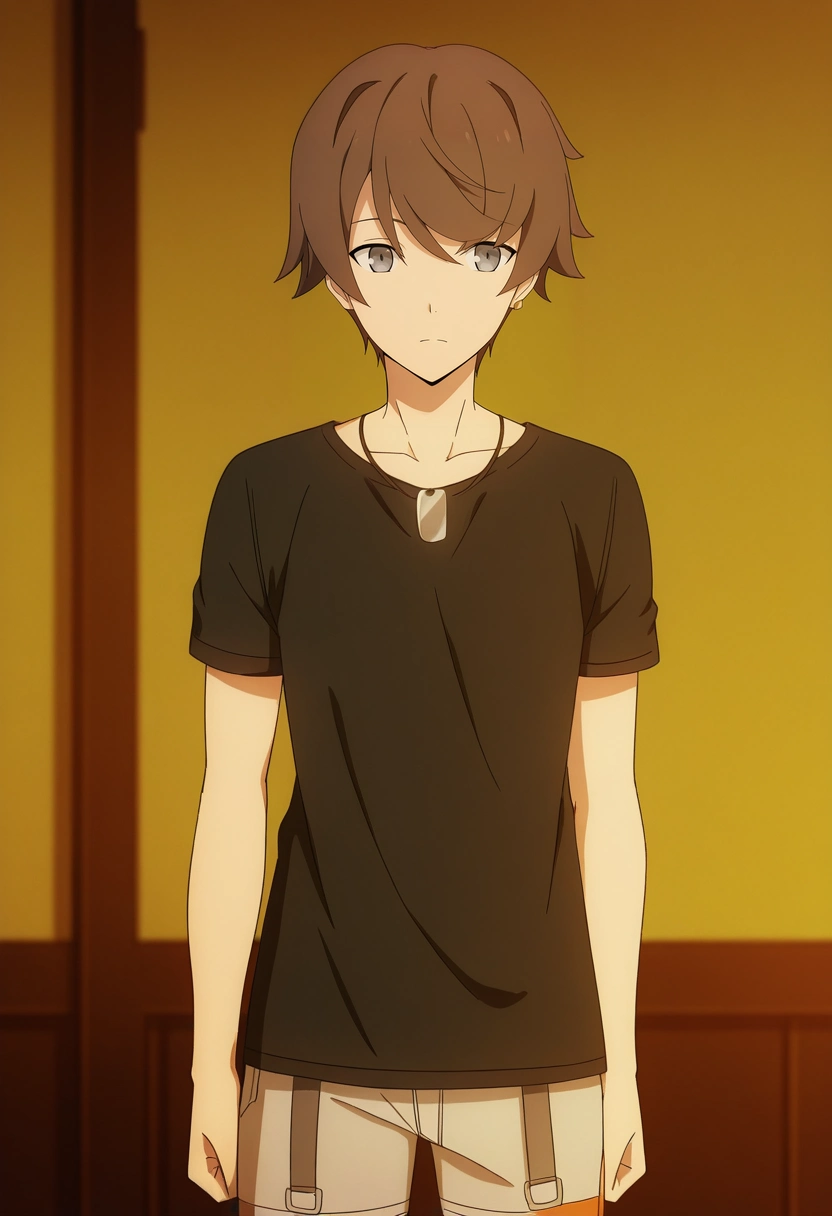 masterpiece, best quality, anime screencap, official style, anime coloring, cowboy shot, 1boy, solo, male focus, <lora:kanata_synduality_noir_ilxl:0.98>, kanata_synduality_noir, brown hair, grey eyes, short hair, black shirt, , ,
