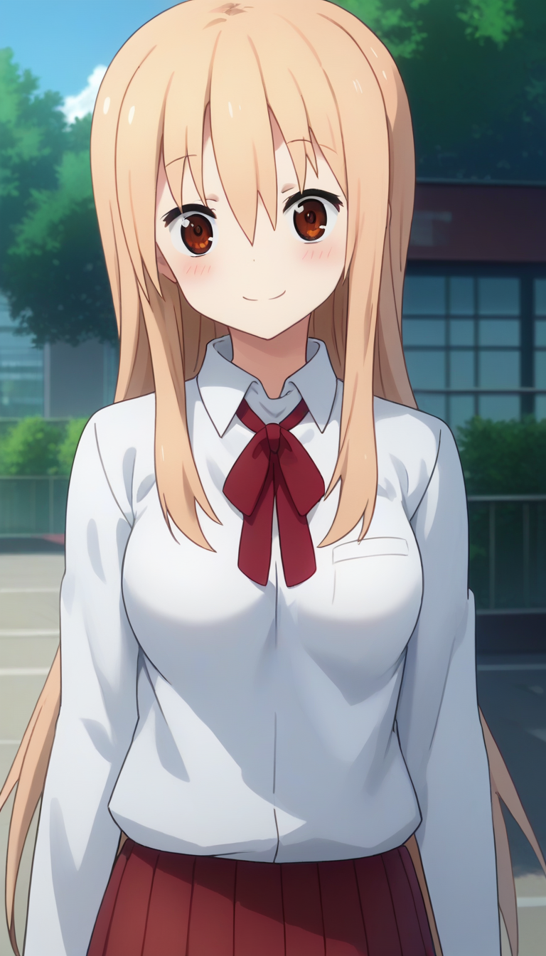 score_9,score_8_up,masterpiece,best quality,correct anatomy,anime_source,1girl,solo,perfect eyes,perfect arms,perfect legs,perfect face,outdoors,upper body,(portrait:1.5),looking at viewer,facing viewer,smile,blush,Doma Umaru,long hair,light brown hair,sidelocks,hair between eyes,bangs,brown eyes,school uniform,white shirt,collared shirt,dress shirt,red bowtie,neck ribbon,red ribbon,long sleeves,medium breasts,shirt tucked in,miniskirt,red skirt,pleated skirt,thighs,zettai ryouiki,black thighhighs,uwabaki,white footwear,<lora:Doma Umaru(huc)-Pony:1.8>,