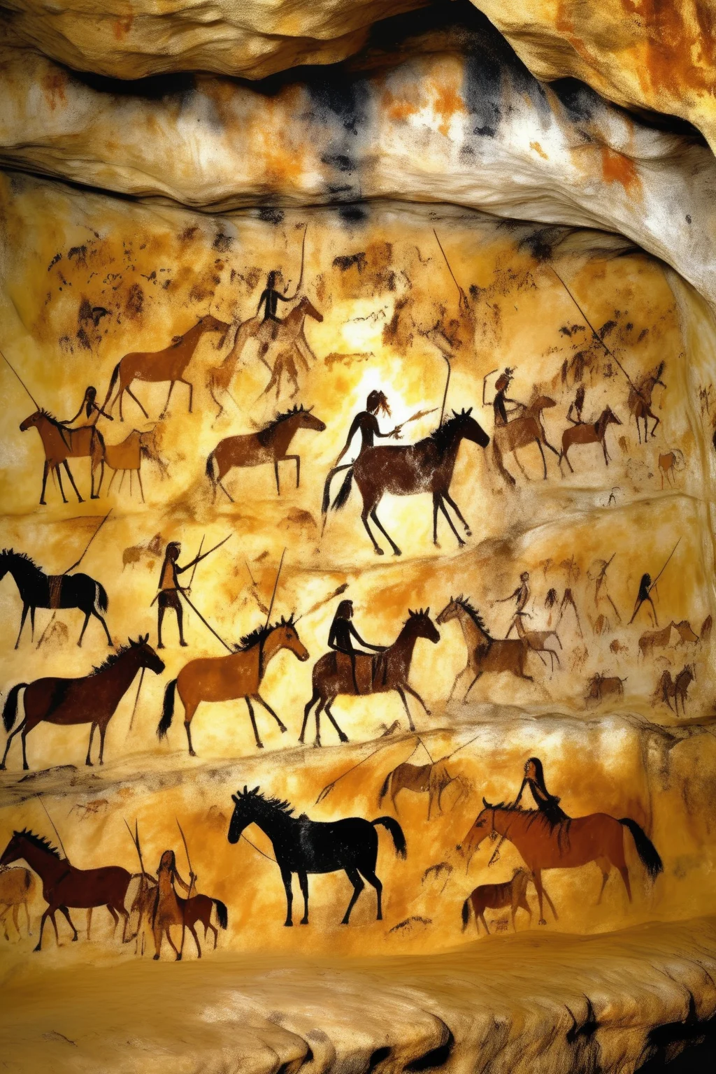 <lora:Lascaux:1>Lascaux - lascaux cave painting of hunt with horses and people with spears realistic cave painting of horse lascaux caves prehistoric beautiful