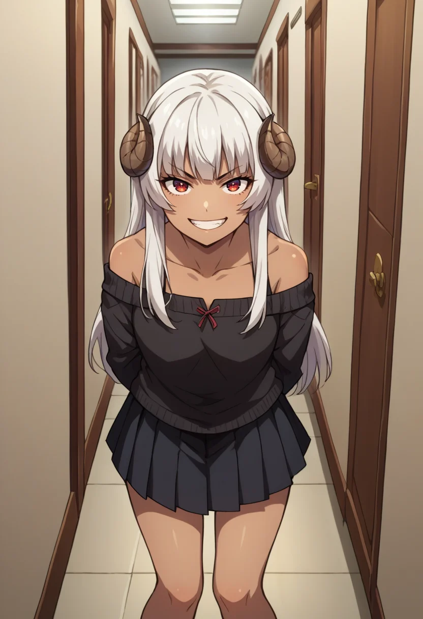 score_9, score_8_up, source_anime, Felm, white hair, long hair, dark skin, black sweater, off-shoulder, looking at viewer, black skirt, pleated skirt, hallway, grin, arms behind back, leaning forward, <lora:ChamFelmPonyXL-000007:1.0>