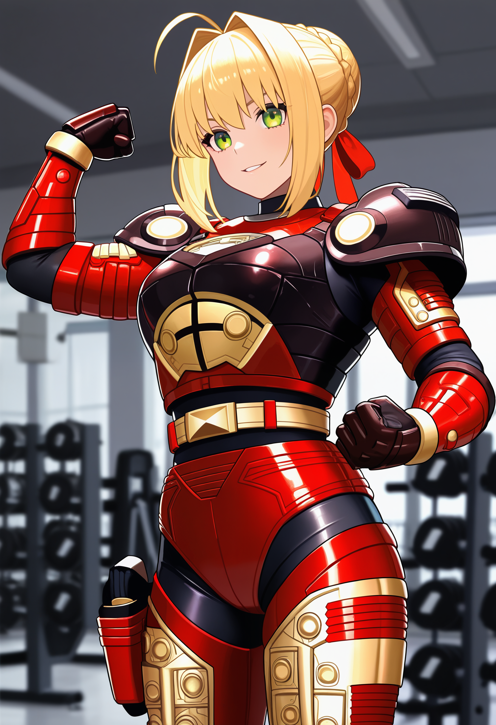 1girl, solo, R3ddle, armor, bodysuit, shoulder pad, gloves, belt, holster, shiny clothes, (nero claudius (fate):0.9), blonde hair, green eyes, flexing, looking at veiwer, smile, parted lips, cowboy shot,
indoors, gym,
best quality, very aesthetic, masterpiece,