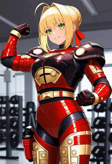 1girl, solo, R3ddle, armor, bodysuit, shoulder pad, gloves, belt, holster, shiny clothes, (nero claudius (fate):0.9), blonde hair, green eyes, flexing, looking at veiwer, smile, parted lips, cowboy shot,
indoors, gym,
best quality, very aesthetic, masterpiece,