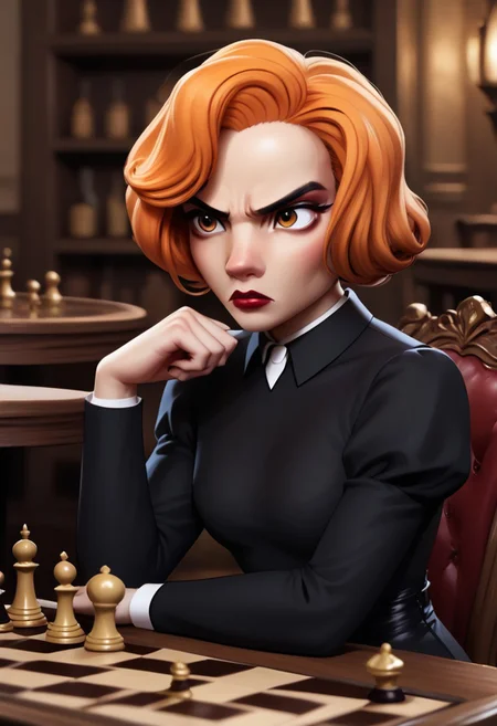 score 9, score 8, score 7, score 6, 1
girl, solo, bethh, upper body, sitting on a chair, sitting at a desk, looking a chess board on the table, focused, determined, black dress, collared dress, bethhb, orange hair, orange eyes, makeup, lipstick, lips, hands on table,
tavern background,
small breasts, zPDXL, from the side,
