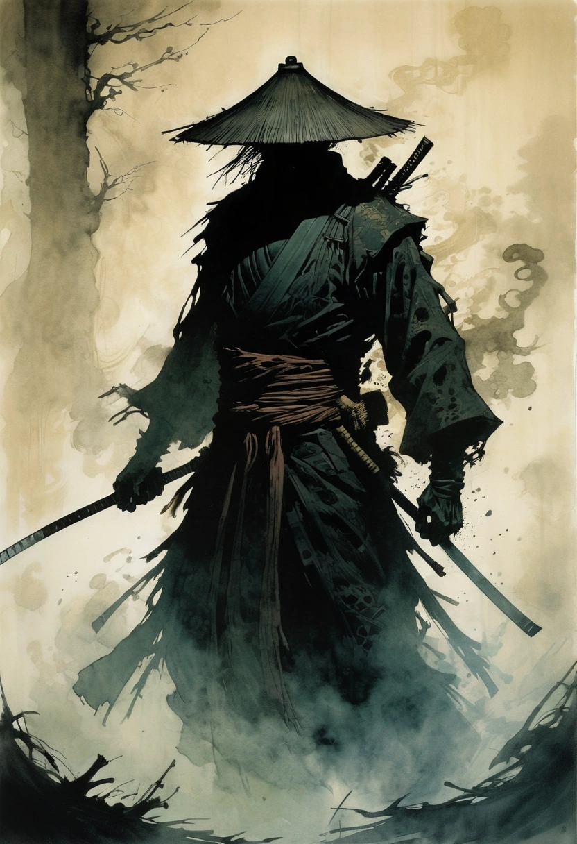 ghostly silhouette of wraithlike undead ronin dissolving into shadowy smoky emanations, engraving by Ashley Wood