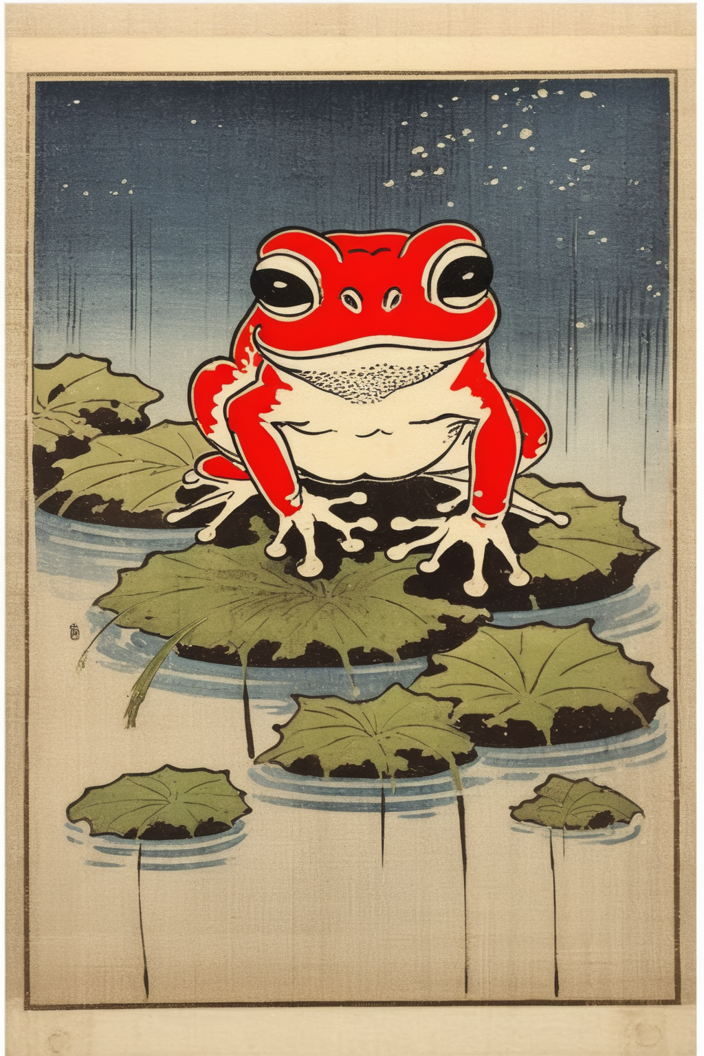 <lora:Ohara Koson Style:1>Ohara Koson Style - Japan Art Matsumoto Hoji frog Sad Frog art print Japanese woodblock reproduction Ugly cute toad Print Wabi sabi wall art frog painting