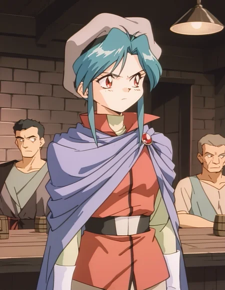 score_9, score_8_up, score_7_up, source_anime, 1girl <lora:diana-minerva-ponyxl:0.9> mnkda, uniform, red shirt, cape, beret, tavern, looking to the side, disgust