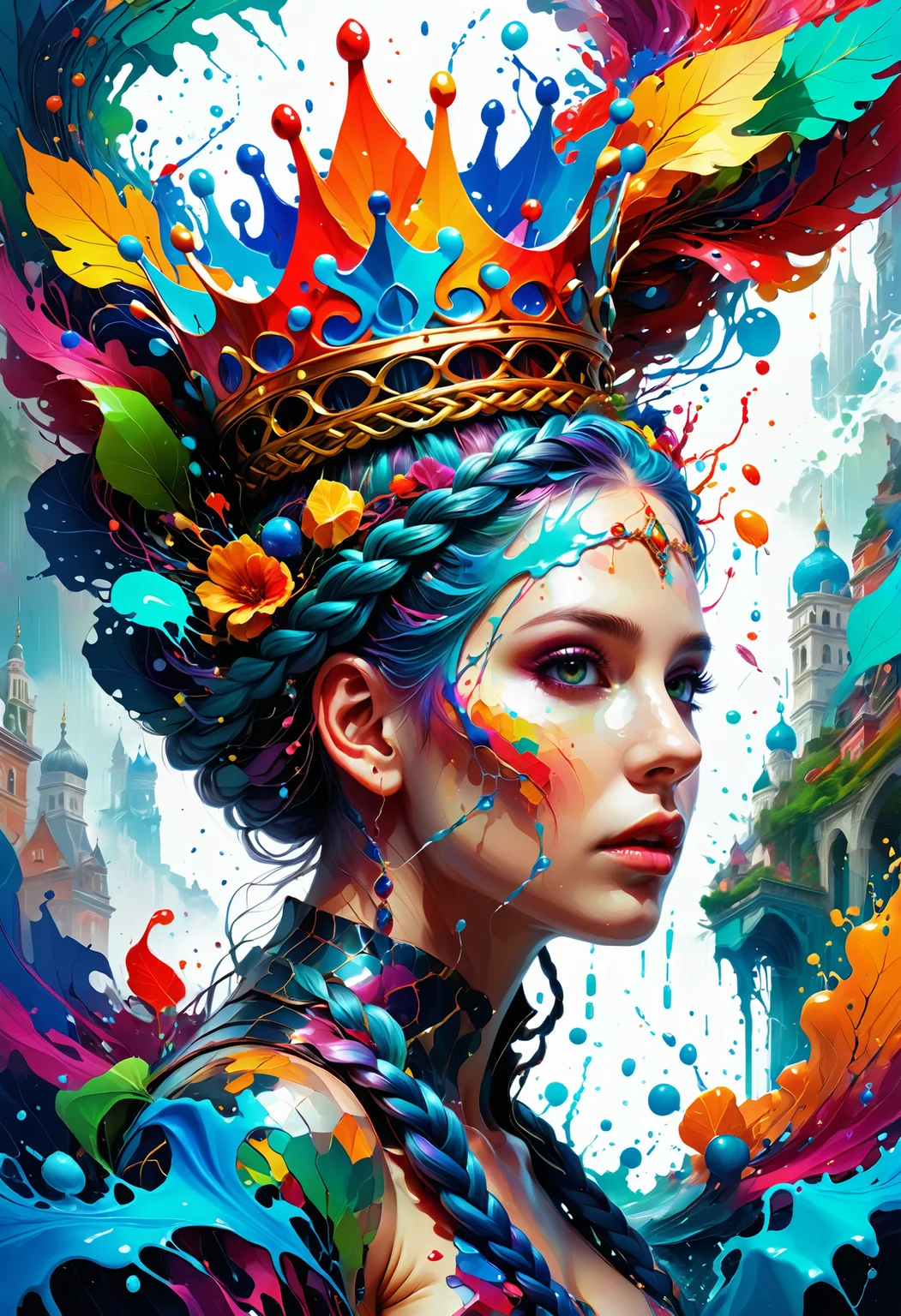 digital art, Lustful, Modern (Female:1.2) , she is wearing Grunge clothing, Multicolor hair styled as Crown braid,  hyperdetailed, UHD, High quality, sleek, baroque, very, cool colors, epic atmosphere, highly complex Jed-Splash, colourful, <lora:ColourfulStyle:0.7>