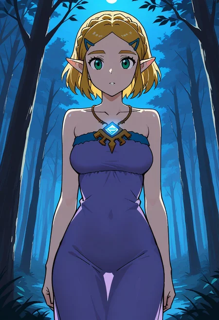 masterpiece, uhd, high quality, perfect eyes, perfect face, 1girl, narrow shoulders, looking at viewer, princess zelda, the_legend_of_zelda_(series), close neckline, cowboy shot, three-quarter-view
Outdoors, forest, nocturnal , moonlight, night, (gravity-affected folds:1.1)