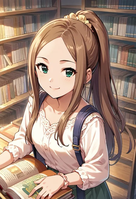 score_9, score_8_up, score_7_up, source_anime, matsuyama kumiko, long hair, brown hair, green eyes, 1girl, solo, smile, ponytail, hair ornament, scrunchie, looking at viewer, hair scrunchie, book