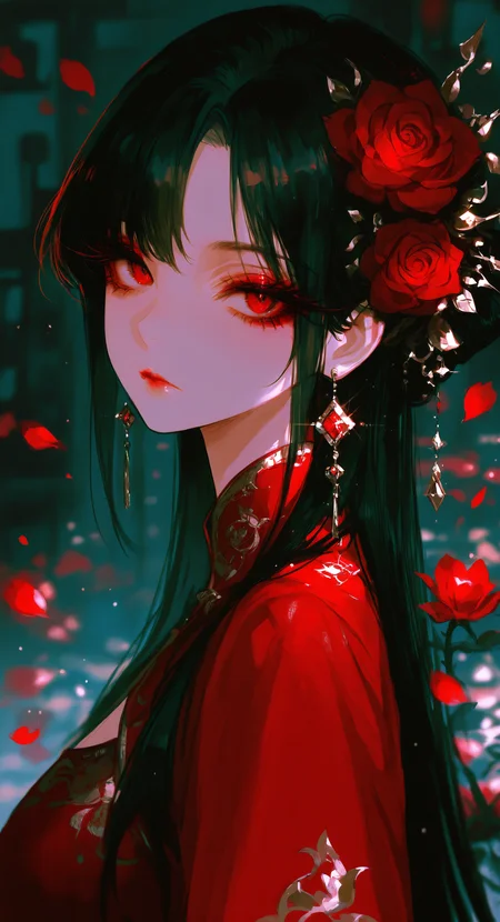 masterpiece, best quality, good quality, very aesthetic, absurdres, newest, 1girl, solo, long hair, looking at viewer, black hair, hair ornament, red eyes, dress, closed mouth, jewelry, upper body, flower, earrings, artist name, hair flower, blurry, from side, parted bangs, eyelashes, sparkle, petals, blurry background, makeup, depth of field, expressionless, rose, chinese clothes, red dress, portrait, red flower, gem, lipstick, china dress, light particles, eyeshadow, red rose, glint, red lips, falling petals, red theme, red eyeshadow, red gemstone, long eyelashes <lora:ponyv5_noobV065S_1_adamW-000013:0.7> <lora:USNR_STYLE_XL_lokr:0.45> <lora:745cmSDXLvpred75S:0.7>