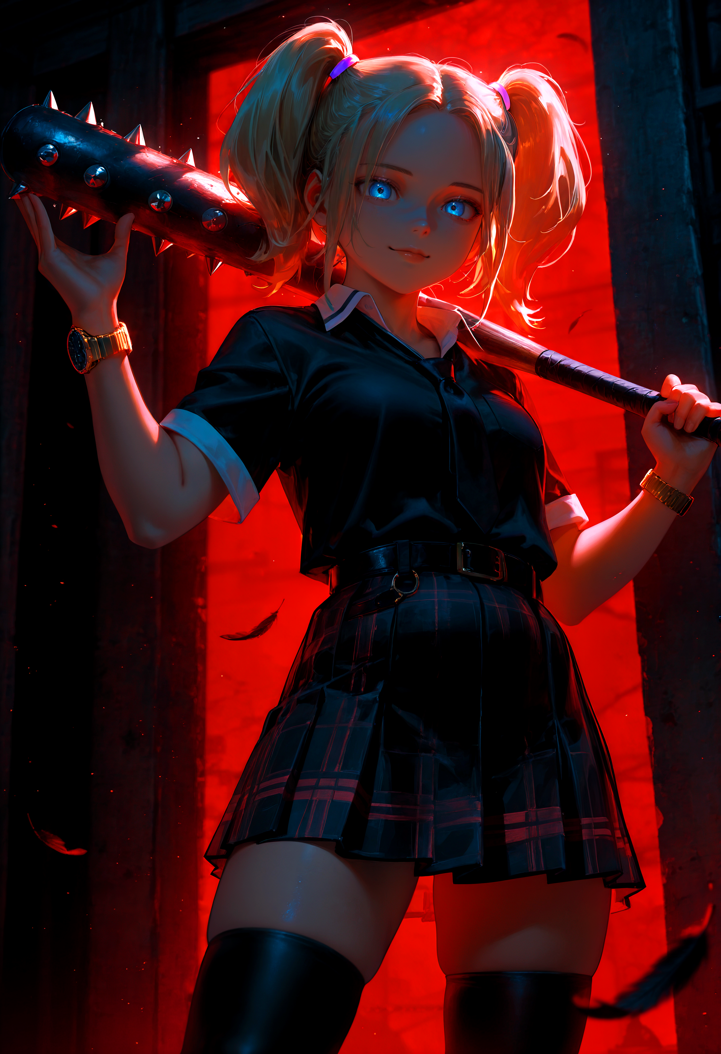 HDR, 8K, high contrast, masterpiece, best quality, amazing quality, very aesthetic, superabsurd res, high resolution, ultra-detailed, absurdres, newest, scenery, (horikoshi kouhei:0.3), (quasarcake:0.3), (wlop:0.3), lightrays, chiaroscuro, dynamic angle, solo, solo, OD_sara, 1girl, plump lips, blue eyes, short hair, parted bangs, blonde hair, twintails, big hair, big twintails, hair tie, closed mouth, collared shirt, black shirt, short sleeves, open collar, black necktie, white trim, plaid skirt, black skirt, red stripes, gold wristwear, wristwatch, black belt, bare thighs, black thighhighs, spiked bat, holding bat over shoulder, textured background, red background, black feathers, floating feathers, looking at viewer, low angle shot, sinister smile, backlighting, partially illuminated, Intricately designed, Mysterious Shadows, BREAK, photorealistic, beautiful detailed eyes, detailed skin, detailed hair, volumetric lighting, dappled light, light particles, dramatic shadows, cinematic lighting, photo background, depth of field, <lora:ponyxl\cfg_scale_boost:0.8> <lora:IL\KMS_OD_Sara_IL-000009:1>