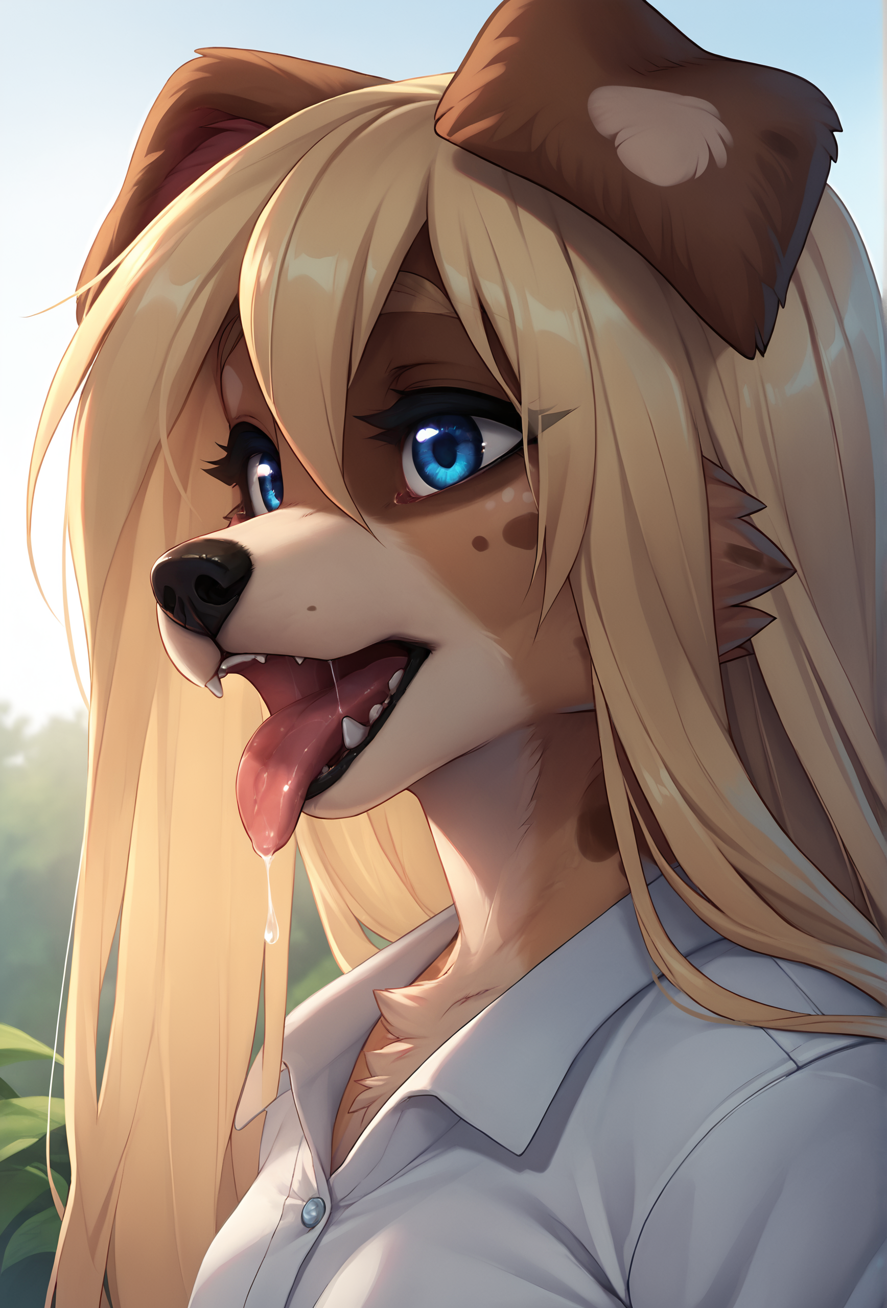 score_9, score_8_up, score_7_up, score_6_up, score_5_up, score_4_up, outdoors, nature BREAK
 <lora:zofie_fluffkevlar_ponyXL_v1.2:1> zofie, 1girl, furry, solo, dog ears, very long hair, white shirt,  small breasts, open mouth, tongue out, saliva drip, portrait, close-up, teeth