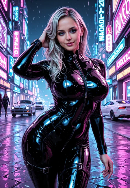 1girl, (solo:2), (alone:2), (piercing_eyes:1.2), (mature_female:1.5), (milf:1.5), (sculpted_body:1.5), (fat:1.2), (buxom:1.5), (curvy:1.5), (chubby:1.5), (beautiful:1.2), (sexy:1.2), (shiny_skin:0.8); medium_breasts, perky_breasts; (wide_hips:1.5), (thick_thighs:1.5), (toned_legs:1.5), (smooth_muscles:1.2); (long_hair:1.2), (sleek_hair:1.2), (platinum_white_hair:1.2), (wet_hair:1.5); (gothic_leather_bodysuit_with_cutouts:2), (detailed_clothes:1.5), (shiny_clothes:1.1), (leather_stockings:1.3); (dominant:1.5), (arrogant:1.5), (confident:1.3), (inviting_look:1.3), (provocative:1.3), (sexy_grin:1.2).
Outdoors, night_city_street, no_human, neon_lights, sport_cars, (reflections:1.2), color_accents, (rain:1.2), (close_shot:2), (cowbot_shot:1.5). (three_quarter_view:1.5), standing, legs_apart, (contrapposto:1.5), (shifting_weight:1.5), (dynamic_pose:2), outstretched_arm, reaching_viewer, posing, (iconic_pose:1.5), (seductive_pose:2), (focus_on_face:1,2).