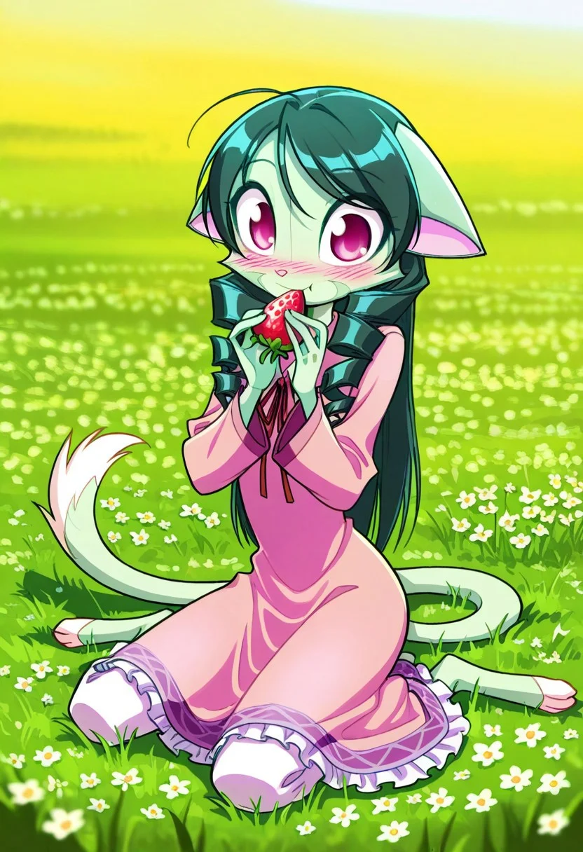 score_9, score_8_up, score_7_up,lilith_calah,
1girl,solo,furry,tail,dark green hair, source_furry,
,<lora:lilith_calah_illustrious:0.8>,
child,
masterpiece, best quality, long hair, drill hair, wariza, pink dress, frills, ribbons, eating strawberry, shy, blush, happy, outdoors, flowers, grass field
