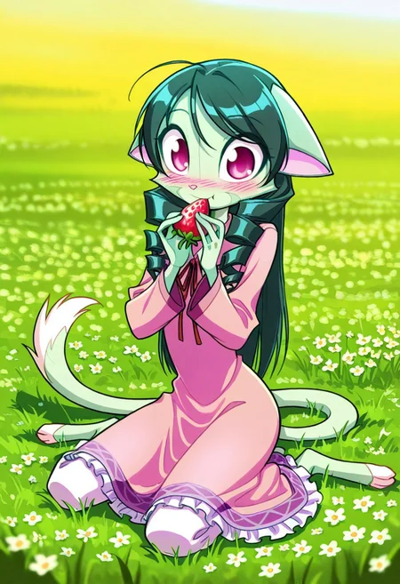 score_9, score_8_up, score_7_up,lilith_calah,
1girl,solo,furry,tail,dark green hair, source_furry,
,<lora:lilith_calah_illustrious:0.8>,
child,
masterpiece, best quality, long hair, drill hair, wariza, pink dress, frills, ribbons, eating strawberry, shy, blush, happy, outdoors, flowers, grass field