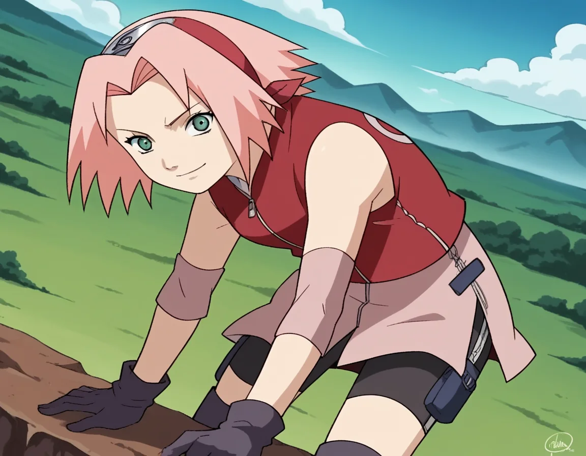 score_9, score_8_up, score_7_up, source_anime,
sakuraharuno, <lora:sakura-haruno-shippuden-s1-ponyxl-lora-nochekaiser:1>,
sakura haruno, short hair, green eyes, pink hair, parted bangs, hairband, forehead protector,
gloves, green eyes, sleeveless, black gloves, red shirt, zipper, forehead protector, konohagakure symbol, boots, bike shorts, zipper, toeless footwear,
outdoors, landscape, smile, bent over,
cowboy shot, looking at viewer, solo, dutch angle,