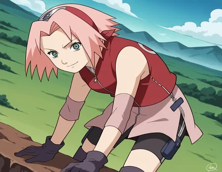 score_9, score_8_up, score_7_up, source_anime,
sakuraharuno, <lora:sakura-haruno-shippuden-s1-ponyxl-lora-nochekaiser:1>,
sakura haruno, short hair, green eyes, pink hair, parted bangs, hairband, forehead protector,
gloves, green eyes, sleeveless, black gloves, red shirt, zipper, forehead protector, konohagakure symbol, boots, bike shorts, zipper, toeless footwear,
outdoors, landscape, smile, bent over,
cowboy shot, looking at viewer, solo, dutch angle,