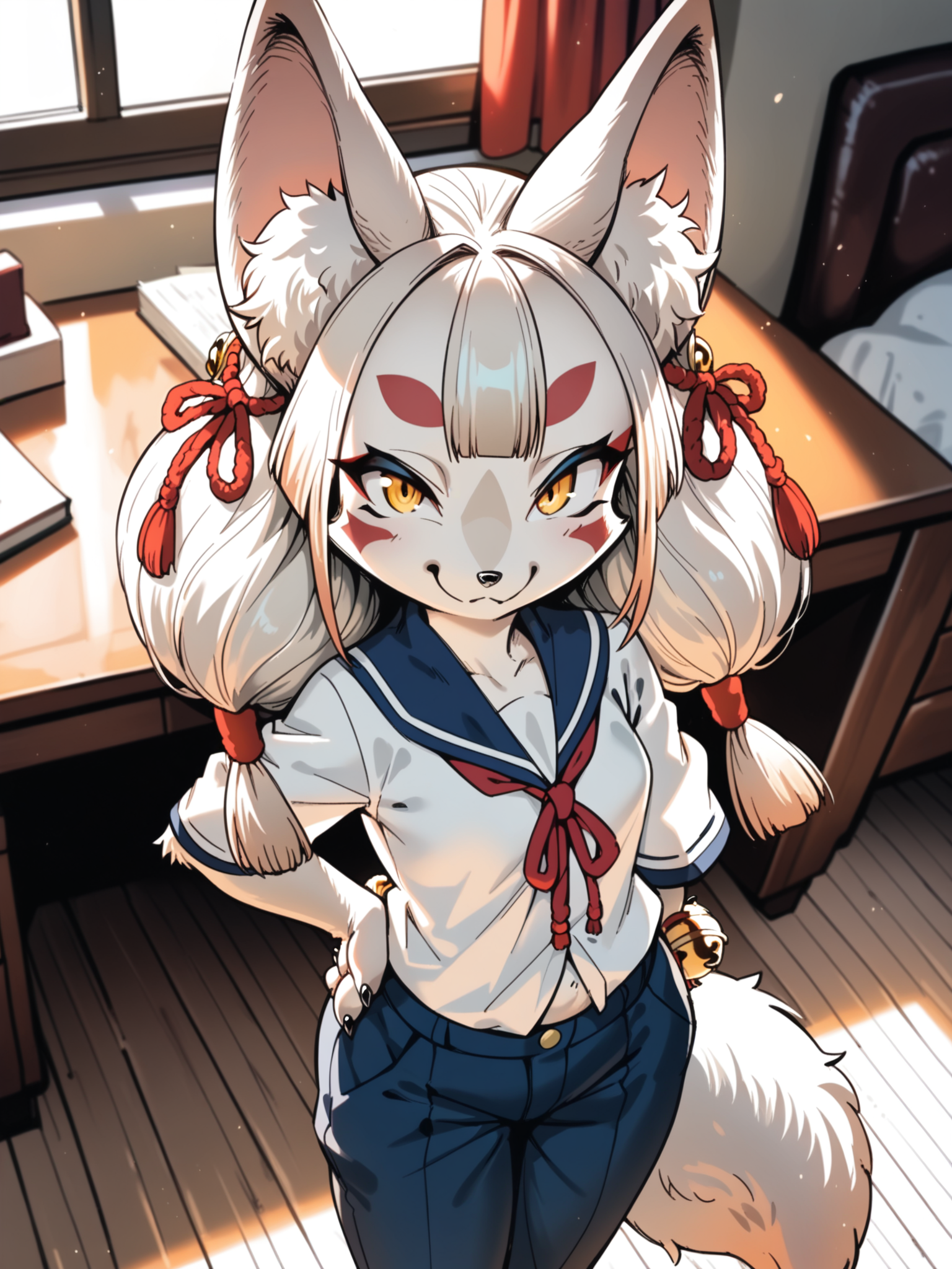 <lora:happy_tentacle-junkohaku-v0.1:1>, ht_junkohaku, hair ornament, jingle bell, fox tail, yellow eyes, small breasts, white fur , seductive smile, bedroom, bed, shirt, pants, desk, window cowboy shot, 1girl, (petite:1.2), solo focus, (looking away:1.1), , (depth of field:0.8), from above, [(realistic, photorealistic:1.1):(realistic:1.3):22], [(3d:1.2)::10], <lora:LUUNA's Lunas-NijiJourney-SDXL-B2:0.6>, nijijourney, <lora:prgfrg23's Counterfeit-V3.0 Style SDXL_LoRA_Pony Diffusion V6 XL:0.3> score_9, score_8_up, score_7_up, score_6_up, score_5_up, score_4_up