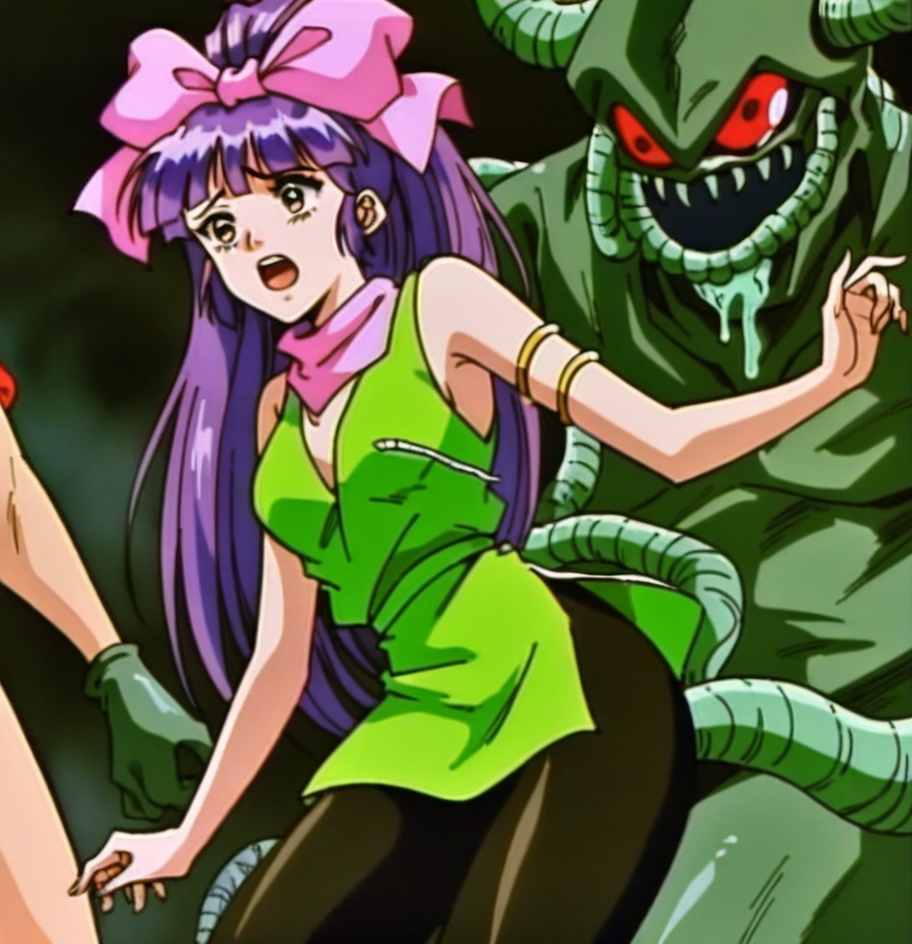 <lora:La3lue3:0.8>  La B 1990s (style). Miko_Mido    purple hair, pink bow. . pantyhose, armlet , green sleeveless shirt   . detailed.   monster tentacle. scared.  sex