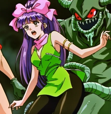 <lora:La3lue3:0.8> La B 1990s (style). Miko_Mido purple hair, pink bow. . pantyhose, armlet , green sleeveless shirt . detailed. monster tentacle. scared. sex