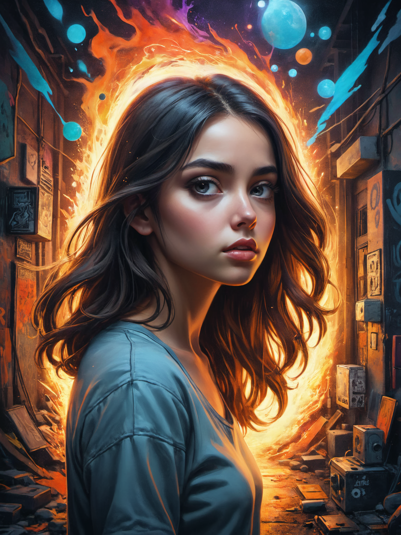 Graffiti style create an award-winning photograph of a young woman exploring an original and unconventional theme that captivates and amazes the viewer. Push boundaries of traditional concepts,infusing the image with creativity and wonder,leaving a lasting impression on those who behold it.,absurdres,intricately detailed,32K,, glow effects, godrays, Hand drawn, render, 8k, octane render, cinema 4d, blender, dark, atmospheric 4k ultra detailed, cinematic, Sharp focus, big depth of field, Masterpiece, colors, 3d octane render, 4k, concept art, trending on artstation, hyperrealistic, Vivid colors, extremely detailed CG unity 8k wallpaper, trending on CGSociety, Intricate, High Detail, dramatic . Street art, vibrant, urban, detailed, tag, mural
