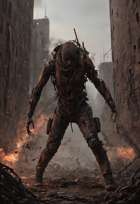 a combat cyborg, battle damaged, looking at the sunset over a faraway distopian city, smoke rising high on the horizon, colorful, muted rusted eroded paint,
