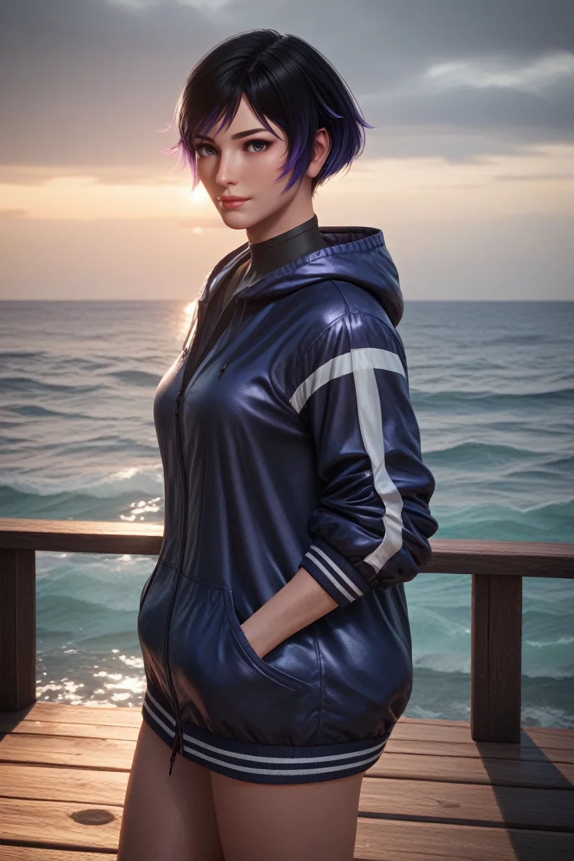 score_9, score_8_up, score_7_up,
<lora:TKReina:0.8>
TKReina, 1girl, black hair, purple hair, multicolored hair, short hair, looking at viewer, standing on a pier, looking out at the ocean, hands in pockets, overcast sky with hints of sunlight breaking through, calm and introspective atmosphere