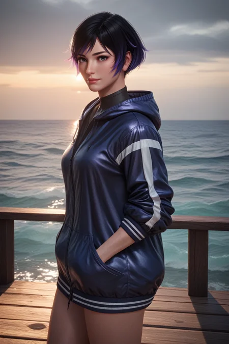 score_9, score_8_up, score_7_up,
<lora:TKReina:0.8>
TKReina, 1girl, black hair, purple hair, multicolored hair, short hair, looking at viewer, standing on a pier, looking out at the ocean, hands in pockets, overcast sky with hints of sunlight breaking through, calm and introspective atmosphere