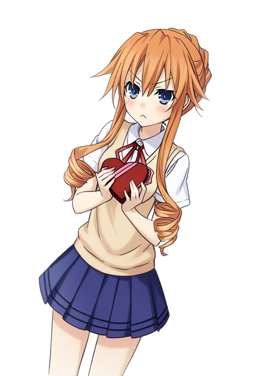 1girl, yamai kaguya, date a live, solo, skirt, orange hair, school uniform, drill hair, pleated skirt, sweater vest, blue eyes, box, ribbon, valentine, white background, gift, long hair, heart-shaped box, looking at viewer, shirt, holding, blush, simple background, blue skirt, sidelocks, braid, hair bun, short sleeves, :\<, white shirt, twin drills, red ribbon, cowboy shot, v-shaped eyebrows, frown, holding gift, neck ribbon, heart, gift box, dutch angle, collared shirt, single hair bun, ringlets, standing, <lora:serie-date_a_live>