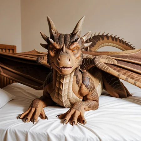 score_9, score_8_up, score_7_up, score_6_up, masterpiece, high quality, realistic, detailed, best quality, solo, rating_safe, source_furry, bedroom, smiling, seductive, looking at viewer, on bed, negative_hand, full body, draco_dh, dragon, brown scales, wings, horns, claws, tail, male, 1boy, feral, yellow sclera