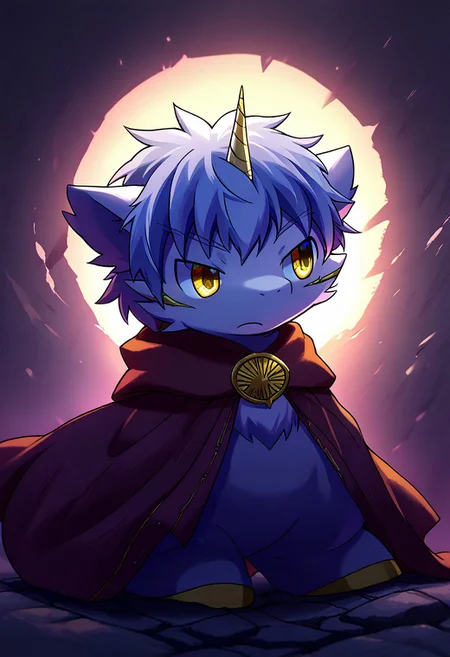shiero (arukemo extra character), unicorn, pony, yellow eyes, cape of shiero, solo, full body, score_9, score_8_up, score_7_up, zPDXL3, zuppu11, flx$tyl3, yellow eyes