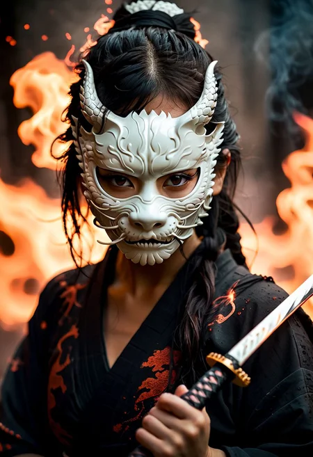 glamour portrait photo, macro, a captivating vibrant glow, mysterious female ninja wearing a white dragon mask, burning rural japanese village, surrounded by burning particles emitting light, fighting stance katana, ethereal, smoky backdrop. throwing a translucent black/tanslucent dark/bright fade, ninja clothing revealing cleavage, 100mm f/2.8 macro lens, atmospheric haze, Film grain, cinematic film still, shallow depth of field, highly detailed, high budget, cinemascope, moody, epic, OverallDetail, gorgeous, 2000s vintage RAW photo, photorealistic, candid camera, color graded cinematic, eye catchlights, atmospheric lighting, imperfections, natural, shallow dof