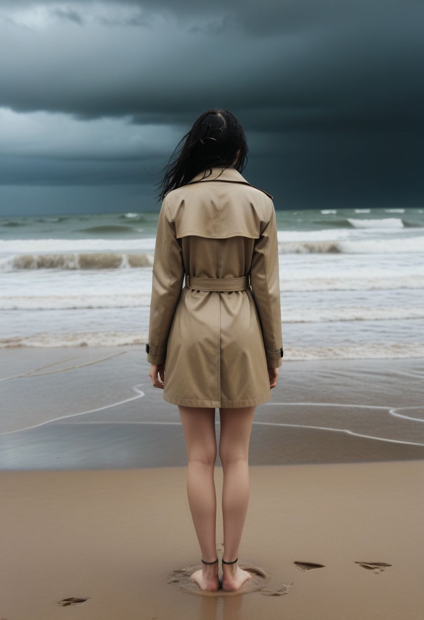 ultra realistic, masterpiece, nikon z9, photo of a beautiful, 21-year-old-woman, thin, slender, long_legs, waving black hair, standing on the beach, beach strand in the rain, a grey ocean in the background, dark skies, cloudy and raining, trenchcoat, (sideview, view from behind) (2000s vintage RAW photo), candid camera, color graded cinematic, atmospheric lighting, skin pores