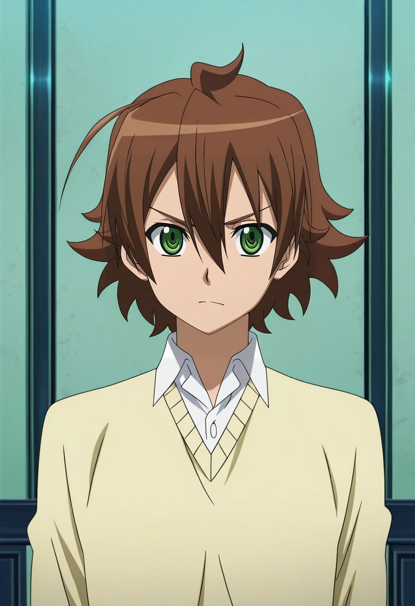 masterpiece, best quality, intricate details, anime screencap, anime coloring, official style, looking at viewer, 1boy, solo, male focus, <lora:tatsumi_akame_ga_kill_ilxl:1>, tatsumi_akame_ga_kill, brown hair, green eyes, short hair, hair between eyes, ahoge,