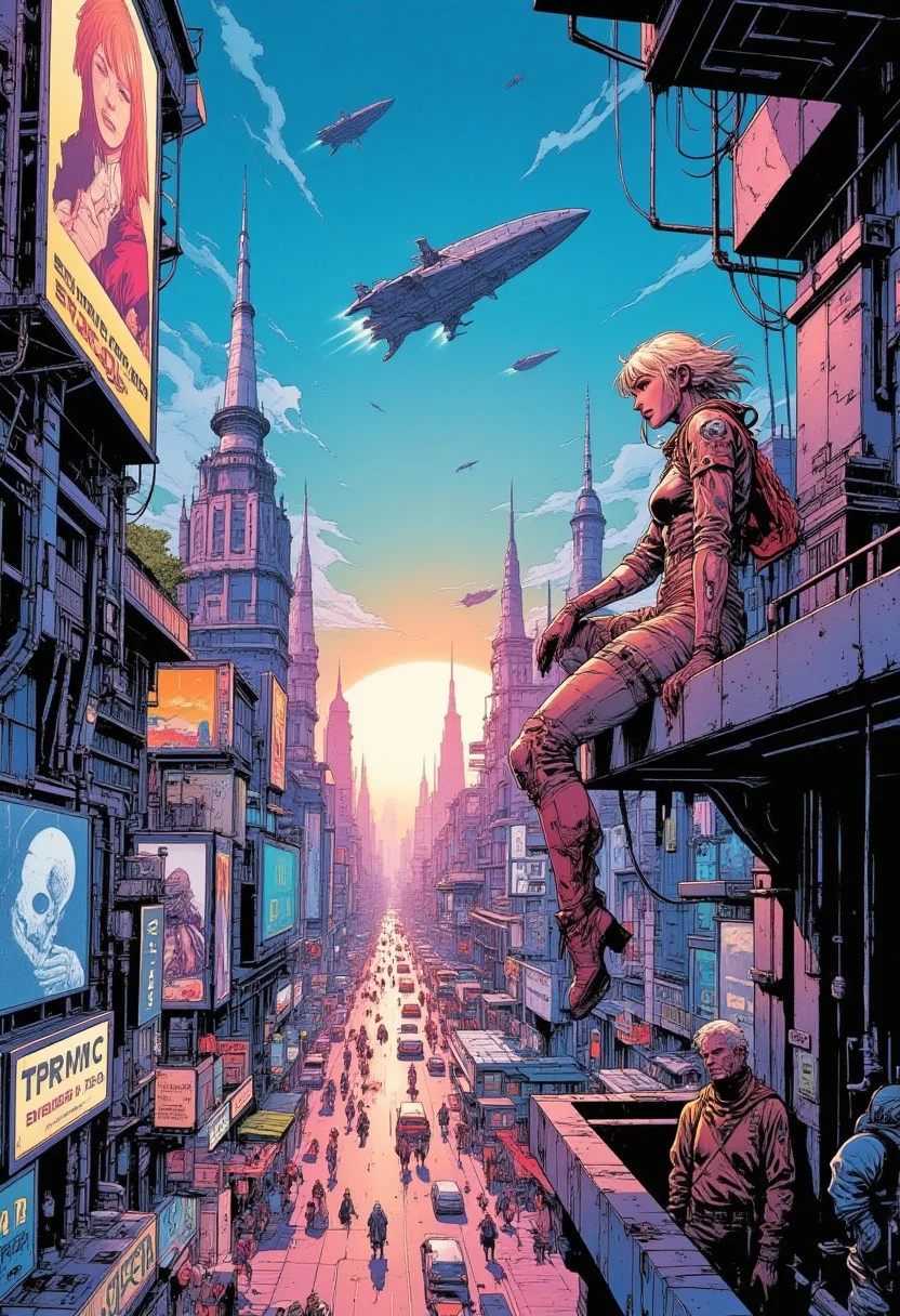 Comic book style illustration of humanity at its peak, showcasing a bustling futuristic metropolis under a neon-lit sunny sky. A woman in sleek, high-tech clothing sits on the edge of a highrise rooftop on the right side, gazing down at the lively street far below, filled with people in futuristic outfits illuminated by glowing holographic advertisements. Above her, advanced space ships ascend toward the stars, their lights cutting through the vivid urban glow. The cityscape features towering skyscrapers with vertical gardens and intricate architecture, blending nature and technology seamlessly, while the air thrums with the energy of human innovation and ambition.