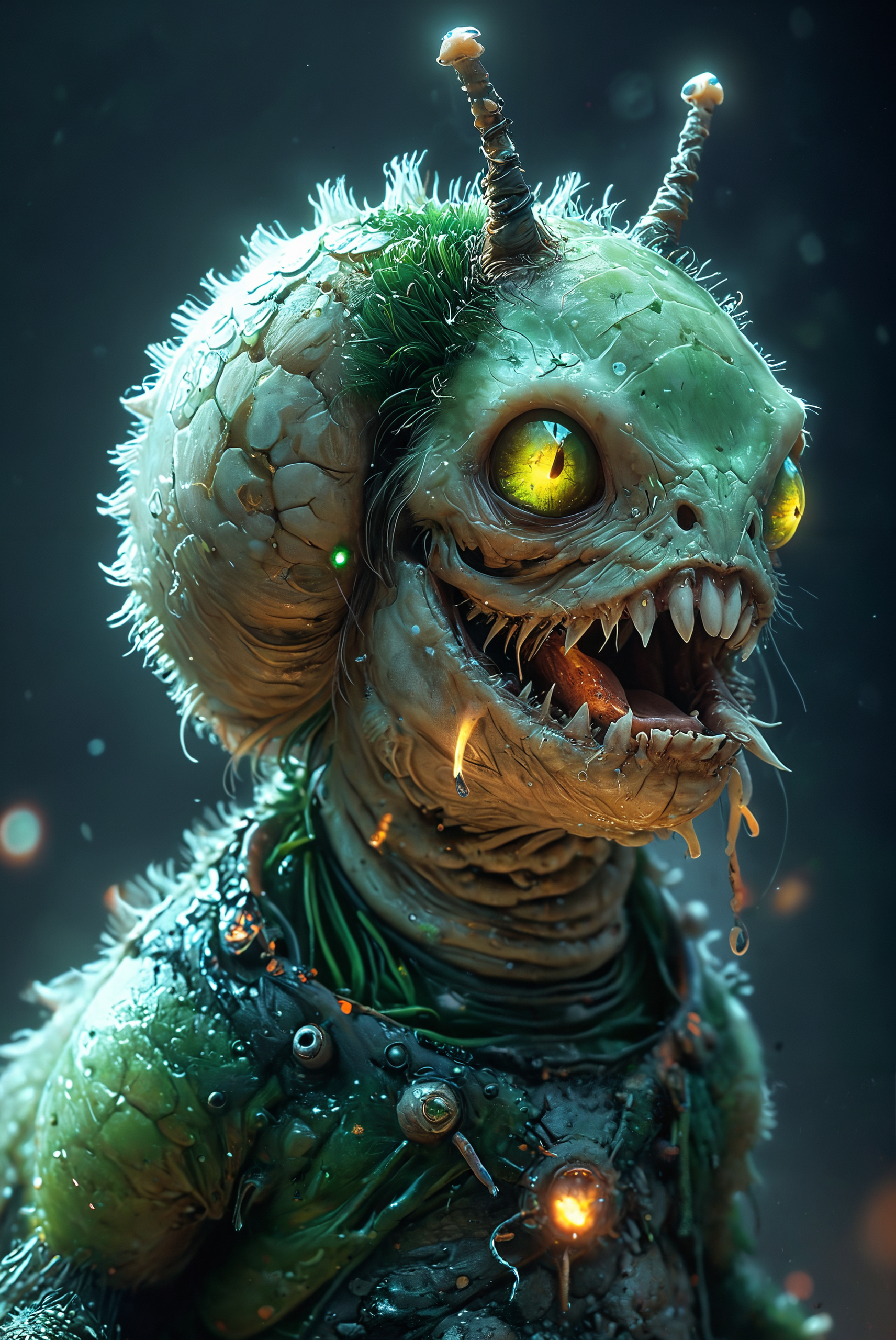 full body. Concept art of a radioactive, mutated horror snail with raised neck fur, long bloody teeth, and sharp, extended claws. It has a terrifying and deadly appearance, with glowing green eyes, cracked and blistered skin, emitting a faint toxic glow, and an overall sinister and menacing presence.
<lora:add-detail-xl:2> <lora:MJ52:0.5> <lora:great_lighting:2> great lighting, <lora:zkeleton:0.3> zkeleton,
large depth of field, hyperdetailed photography, masterpiece, best quality, high quality, highres, ultra-detailed, best quality, 8K, high resolution, extreme detail, (outstanding composition:1.4),  <lora:ES_Kurosawa_Samurai:1> <lora:ArsMJStyle_-_CuteSDXL:1> ArsMJStyle, Cute