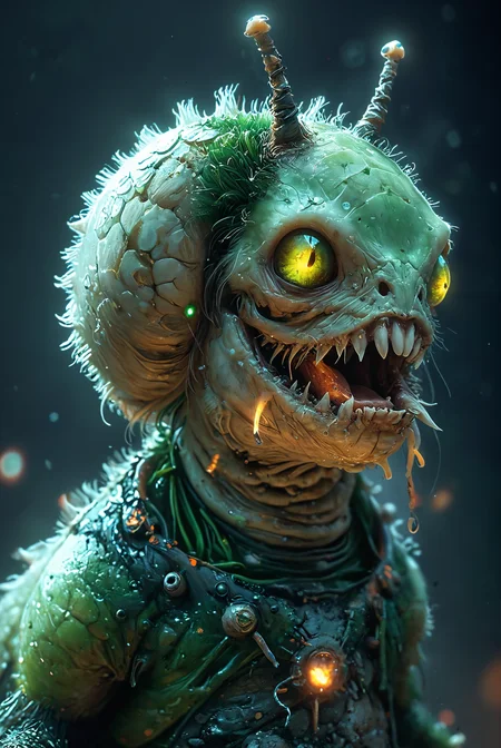 full body. Concept art of a radioactive, mutated horror snail with raised neck fur, long bloody teeth, and sharp, extended claws. It has a terrifying and deadly appearance, with glowing green eyes, cracked and blistered skin, emitting a faint toxic glow, and an overall sinister and menacing presence.
<lora:add-detail-xl:2> <lora:MJ52:0.5> <lora:great_lighting:2> great lighting, <lora:zkeleton:0.3> zkeleton,
large depth of field, hyperdetailed photography, masterpiece, best quality, high quality, highres, ultra-detailed, best quality, 8K, high resolution, extreme detail, (outstanding composition:1.4), <lora:ES_Kurosawa_Samurai:1> <lora:ArsMJStyle_-_CuteSDXL:1> ArsMJStyle, Cute