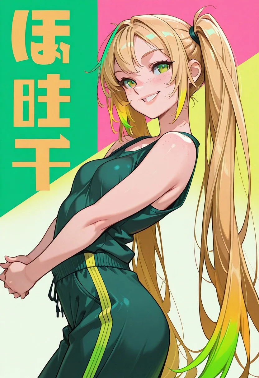 masterpiece, best quality, 32k, high resolution, absurdres, girl,
skindentation, d41z3n, Lizzie, LizzieRH, Adult girl, blonde hair, twin tails, very long hair, hair_between_eyes, colorful highlights, green eyes, freckles, small mouth, cute full lips, slim, small breasts, fit, track suit pants, loose tank top, side boobs, nipple peek, dynamic pose, multicolour background, flat colors, bold lines, grainy, smiling, posing sexy, sporty, dynamic, shadow, side view, holding own hands, big smile, teeth