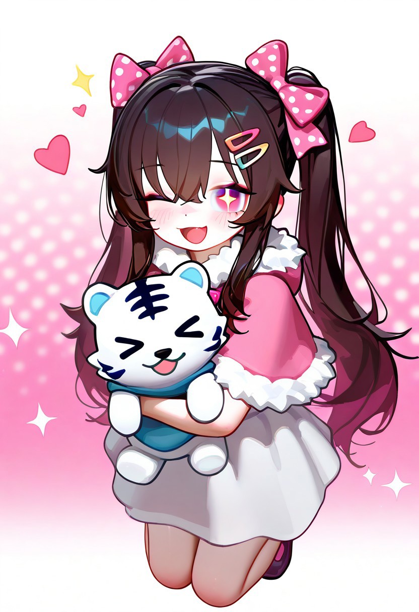mirregrr, unnamed_style_1, masterpiece, best quality, 1girl, pink capelet, long straight twintails, capelet, fur-trimmed capelet, hair ornament, fur trim, polka dot, ribbon, blush, solo, pink ribbon, hairclip, open mouth, hair ribbon, smile, bow, long hair, looking at viewer, sparkle, hair bow, black hair, pink bow, one eye closed, full body, paw print, red eyes, >_o, polka dot bow, white background, heart, dot nose, stuffed toy, sidelocks, hair between eyes, stuffed animal, animal, white tiger, chinese zodiac, polka dot ribbon, shirt, polka dot background, gradient background, pink background, white background, blurry background, animal hug, food, white shirt, holding animal, brown hair, holding, sparkling eyes, :d, symbol-shaped pupils, pink eyes, >_<, general
