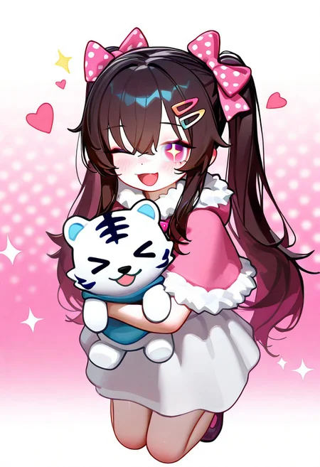 mirregrr, unnamed_style_1, masterpiece, best quality, 1girl, pink capelet, long straight twintails, capelet, fur-trimmed capelet, hair ornament, fur trim, polka dot, ribbon, blush, solo, pink ribbon, hairclip, open mouth, hair ribbon, smile, bow, long hair, looking at viewer, sparkle, hair bow, black hair, pink bow, one eye closed, full body, paw print, red eyes, >_o, polka dot bow, white background, heart, dot nose, stuffed toy, sidelocks, hair between eyes, stuffed animal, animal, white tiger, chinese zodiac, polka dot ribbon, shirt, polka dot background, gradient background, pink background, white background, blurry background, animal hug, food, white shirt, holding animal, brown hair, holding, sparkling eyes, :d, symbol-shaped pupils, pink eyes, >_<, general