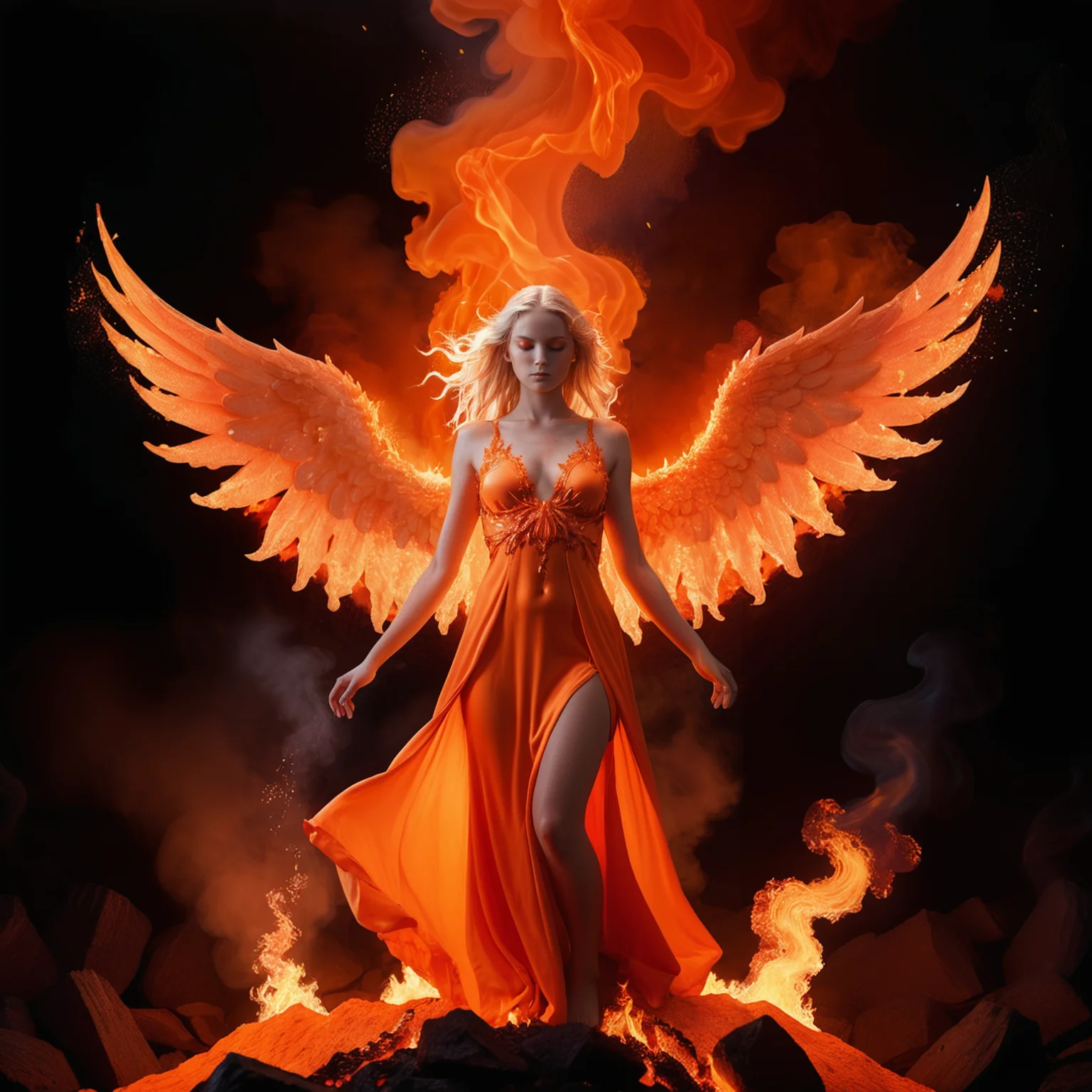 a hyper-detailed photo of a blonde female angel made of fire rising from a lava pit, ((surrounded by flames on fire)), orange satin dress [flames:0.7], intense heat, embers, sparks, opaque smoke, orange and red gradient, (body on fire), (airbrush)  <lora:add-detail-xl:1>  <lora:zavy-flrscnc-sdxl:0.4> zavy-flrscnc, fluorescent, fluorescent dust